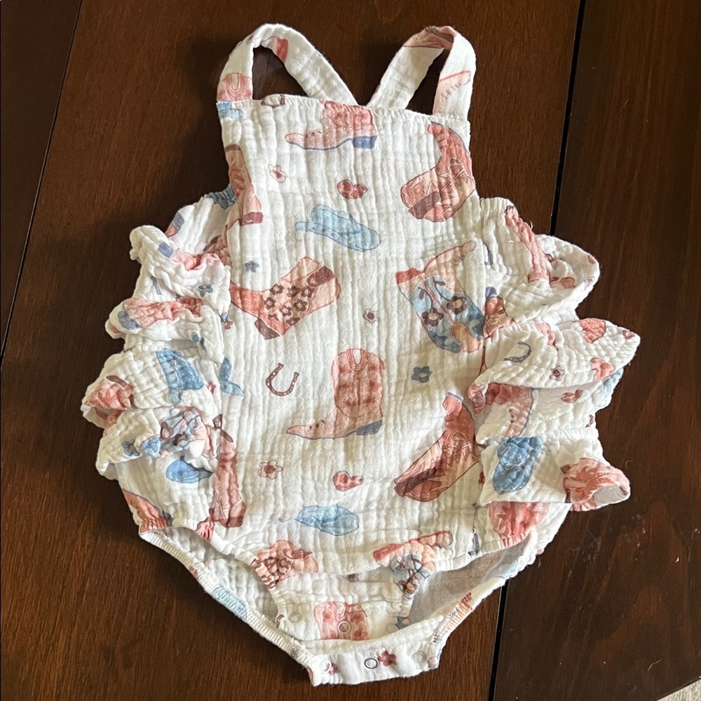 Angel Dear Pink and Blue Cowboy Boot ruffle sunsuit bubble